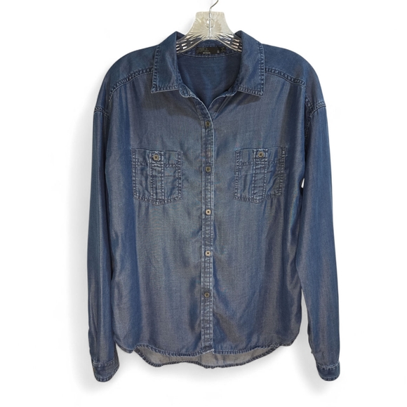 Prana Polished Blue Chambray Button Up Shirt Blouse‎ Women's Small With Pockets - Picture 1 of 6
